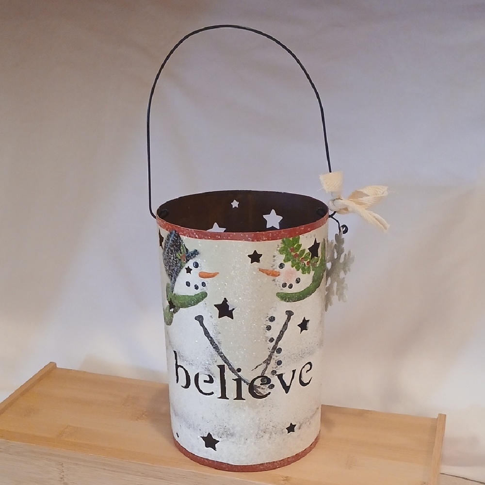 Snowman "Believe" Tin Lantern Luminary Bucket 7" x 4.5"